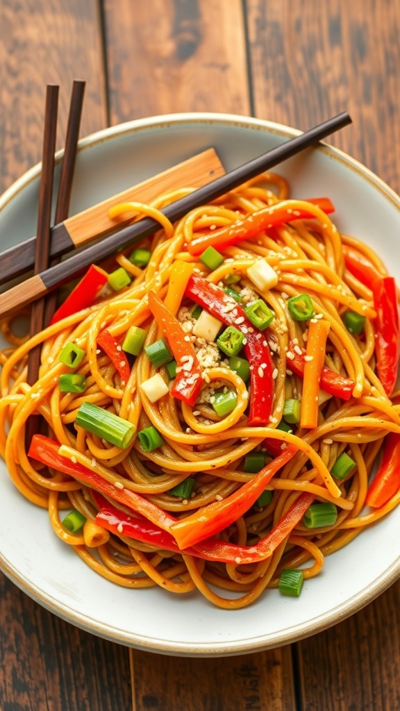 A colorful plate of pan-fried noodles with vegetables in a Japanese bowl, garnished with sesame seeds and chopsticks.
